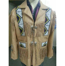 Load image into Gallery viewer, Men's Cowboy Leather Jacket Western Coat Fringes, Beige Color Cowboy Jacket For Men - Shearling leather