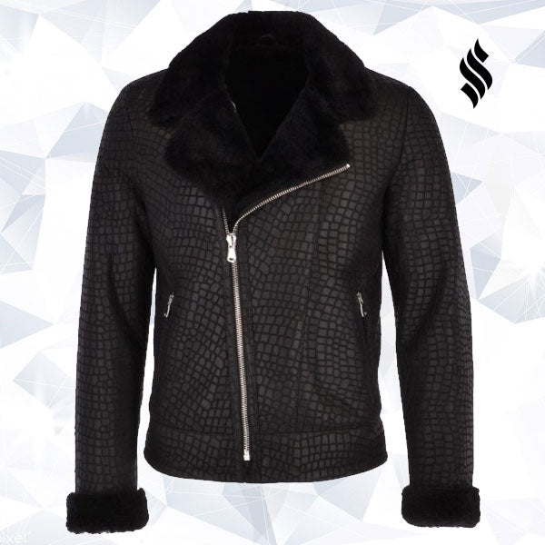 Crocodile Leather Jacket For Him With Shearling Collar