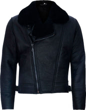 Load image into Gallery viewer, Mens Cross Zip Black Leather Jacket With Fur - Shearling leather