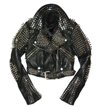 Load image into Gallery viewer, Full Black Punk Brando Silver Spiked Studded Cowhide Leather Jacket - Shearling leather