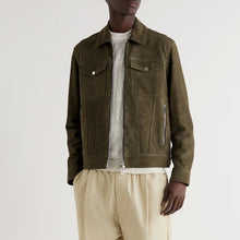 Load image into Gallery viewer, Mens Army Green Suede Leather Trucker Jacket