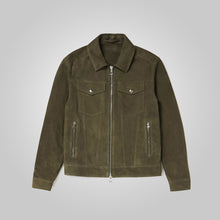 Load image into Gallery viewer, Mens Army Green Suede Leather Trucker Jacket