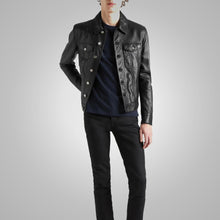 Load image into Gallery viewer, Mens Black Sheepskin Leather Trucker Jacket