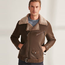 Load image into Gallery viewer, Mens Brown Biker Shearling Sheepskin Leather Aviator Jacket