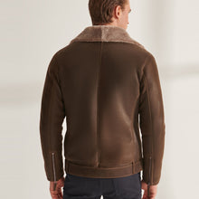 Load image into Gallery viewer, Mens Brown Biker Shearling Sheepskin Leather Aviator Jacket