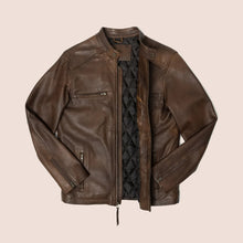 Load image into Gallery viewer, Mens Brown Cafe Racer Lambskin Leather Motorcycle Jacket