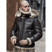 Load image into Gallery viewer, Mens Brown Hooded B3 RAF Aviator Sheepskin Shearling Leather Jacket
