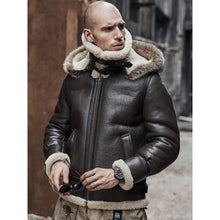 Load image into Gallery viewer, Mens Brown Hooded B3 RAF Aviator Sheepskin Shearling Leather Jacket