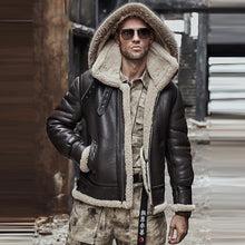 Load image into Gallery viewer, Mens Brown Hooded B3 RAF Aviator Sheepskin Shearling Leather Jacket