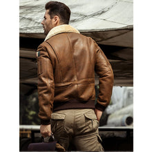 Load image into Gallery viewer, Mens B3 Airforce Brown Embroidered Shearling Leather Bomber Jacket