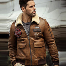 Load image into Gallery viewer, Mens B3 Airforce Brown Embroidered Shearling Leather Bomber Jacket