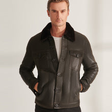 Load image into Gallery viewer, Mens Brown Sheepskin Shearling Leather Trucker Aviator Jacket