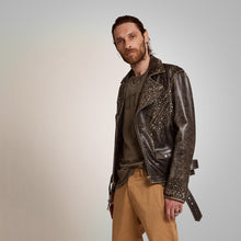 Load image into Gallery viewer, Mens Brown Studded Distressed Leather Jacket