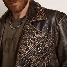 Load image into Gallery viewer, Mens Brown Studded Distressed Leather Jacket
