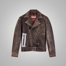 Load image into Gallery viewer, Mens Brown Studded Distressed Leather Jacket
