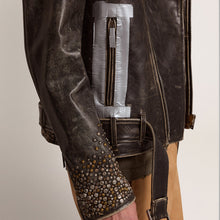 Load image into Gallery viewer, Mens Brown Studded Distressed Leather Jacket