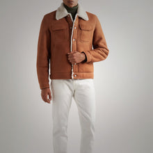 Load image into Gallery viewer, Mens Brown Suede Leather Shearling Trucker Jacket