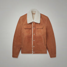 Load image into Gallery viewer, Mens Brown Suede Leather Shearling Trucker Jacket