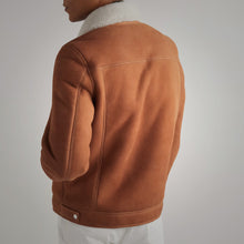 Load image into Gallery viewer, Mens Brown Suede Leather Shearling Trucker Jacket