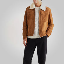 Load image into Gallery viewer, Mens Fur Collar Brown Suede Leather Trucker Jacket