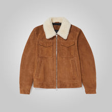 Load image into Gallery viewer, Mens Fur Collar Brown Suede Leather Trucker Jacket