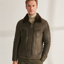 Load image into Gallery viewer, Mens Green Sheepskin Shearling Leather Trucker Aviator Jacket