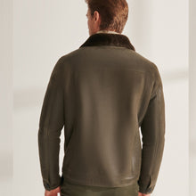 Load image into Gallery viewer, Mens Green Sheepskin Shearling Leather Trucker Aviator Jacket