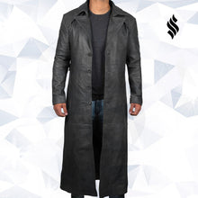 Load image into Gallery viewer, Mens Leather Black Winter Trench Coat - Full Length Overcoat - Shearling leather
