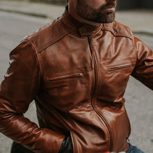 Load image into Gallery viewer, Mens Light Brown Cafe Racer Leather Motorbike Jacket