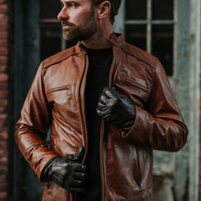 Load image into Gallery viewer, Mens Light Brown Cafe Racer Leather Motorbike Jacket