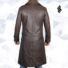 Load image into Gallery viewer, Mens Rorschach Distressed Brown Travelling Winter Long Leather Trench Coat - Shearling leather