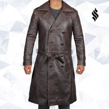 Load image into Gallery viewer, Mens Rorschach Distressed Brown Travelling Winter Long Leather Trench Coat - Shearling leather
