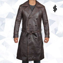 Load image into Gallery viewer, Mens Rorschach Distressed Brown Travelling Winter Long Leather Trench Coat - Shearling leather