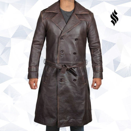Mens Rorschach Distressed Brown Travelling Winter Long Leather Trench Coat - Shearling leather