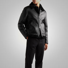 Load image into Gallery viewer, Mens Shearling Lined Leather Black Trucker Jacket
