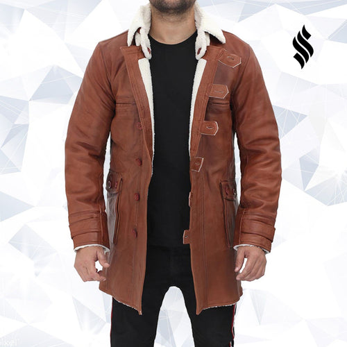 Mens Tan Bane Shearling Leather Trench Coat - Shearling leather