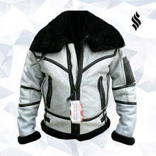 Load image into Gallery viewer, Mens WW RAF B3 Flying Fur Bomber Aviator Black Shearling Sheepskin White Leather Jacket