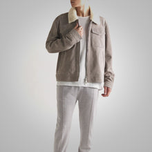 Load image into Gallery viewer, Mens White Fur Collar Grey Suede Leather Trucker Jacket