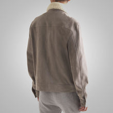 Load image into Gallery viewer, Mens White Fur Collar Grey Suede Leather Trucker Jacket