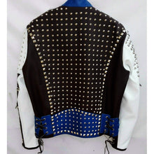 Load image into Gallery viewer, Multi Color Full Studded Biker Leather Jacket with Adjustable Waist Belted Strap - Shearling leather