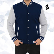 Load image into Gallery viewer, Navy Blue and Gray Varsity Jacket Mens - Shearling leather