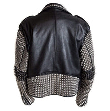 Load image into Gallery viewer, Full Black Punk Silver Spiked Studded Cowhide Leather Stylish Jacket - Shearling leather