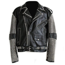 Load image into Gallery viewer, Full Black Punk Silver Spiked Studded Cowhide Leather Stylish Jacket - Shearling leather