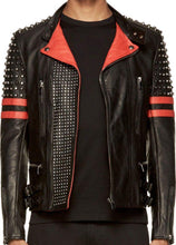 Load image into Gallery viewer, New Men's Back Red Half Silver Studded Stripes Biker Leather Jacket - Shearling leather