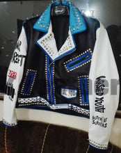 Load image into Gallery viewer, Mens Multi color Studded Printed Logos Punk Leather Jacket - Shearling leather