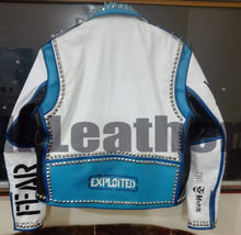 Load image into Gallery viewer, Mens Multi color Studded Printed Logos Punk Leather Jacket - Shearling leather