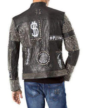 Load image into Gallery viewer, Mens Punk Biker Full Black Studded Embroidery Patches Leather Jacket - Shearling leather