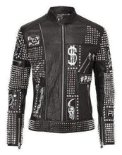 Load image into Gallery viewer, Mens Punk Biker Full Black Studded Embroidery Patches Leather Jacket - Shearling leather
