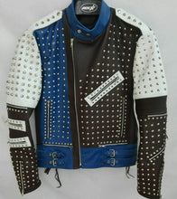 Load image into Gallery viewer, Mens Punk Blue White Silver Studded Cowhide Leather Jacket - Shearling leather