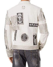 Load image into Gallery viewer, Mens Punk Full White Studded Embroidery Patches Leather Jacket - Shearling leather